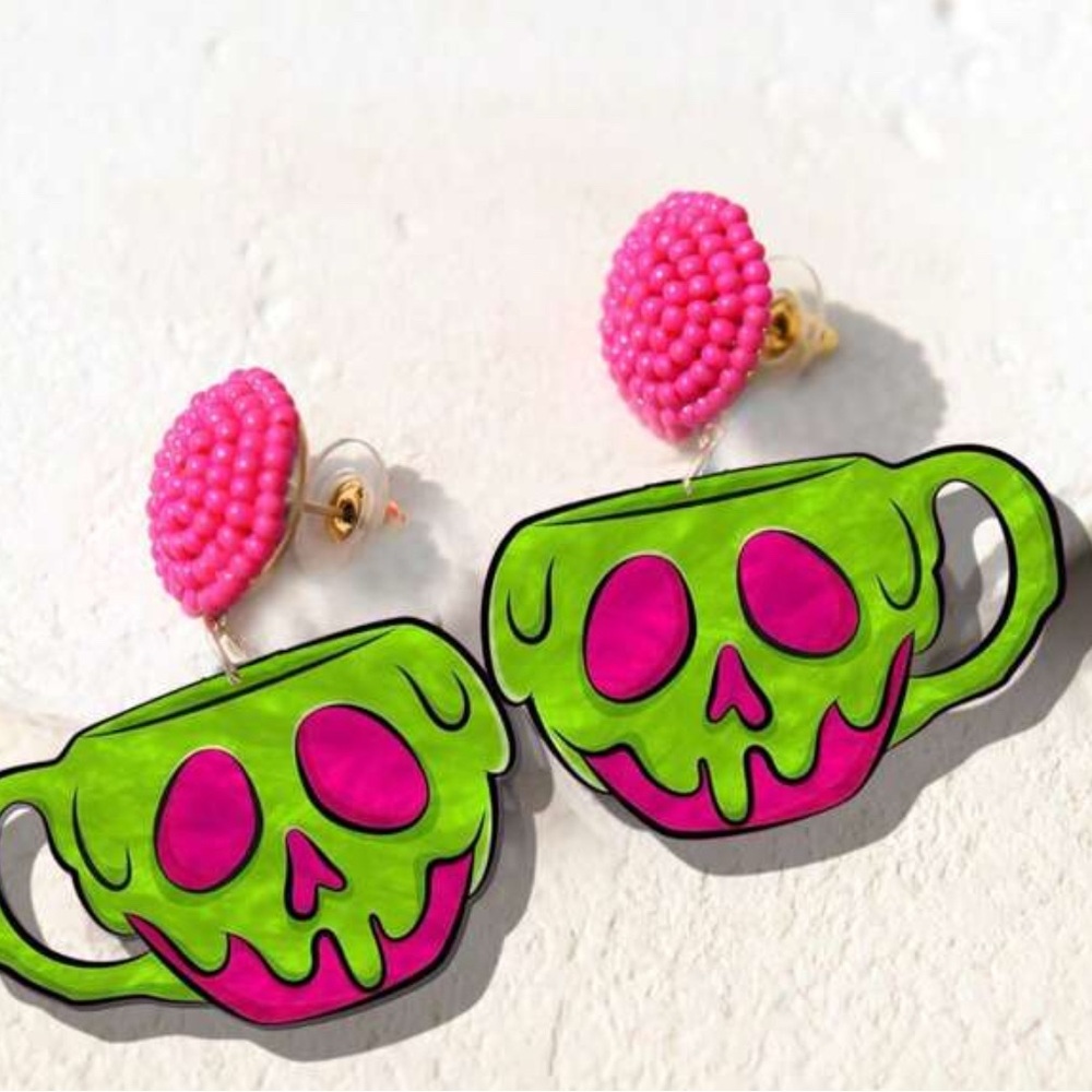 Vibrant poison cup Pink and Green Skull Earrings